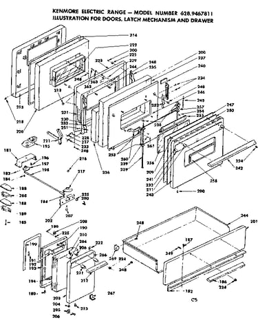 Doors, latch mechanism and drawer