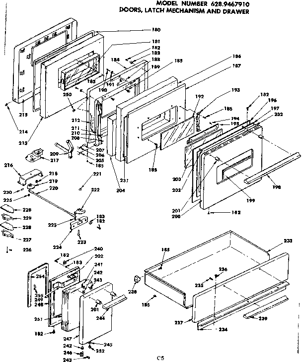 Doors, latch mechanism and drawer
