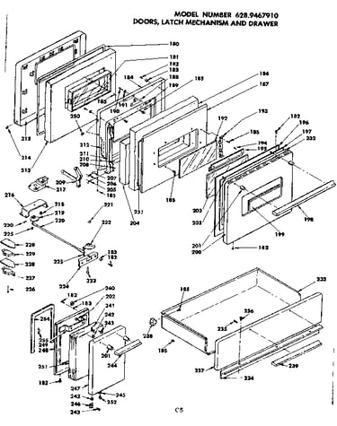 Doors, latch mechanism and drawer