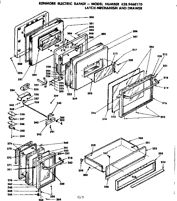 Door, latch mechanism and drawer