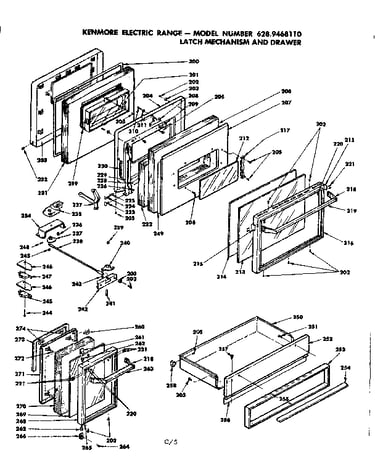 Door, latch mechanism and drawer