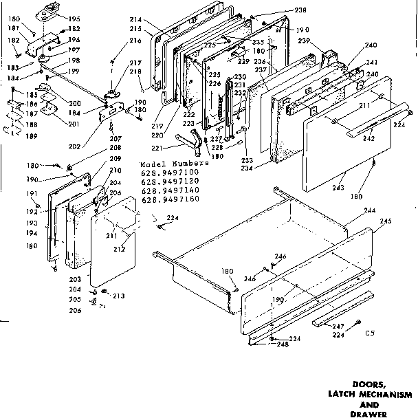 Doors, latch mechanism and drawer