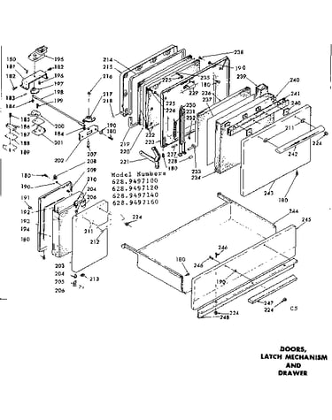 Doors, latch mechanism and drawer