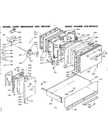 Doors, latch mechanism and drawer