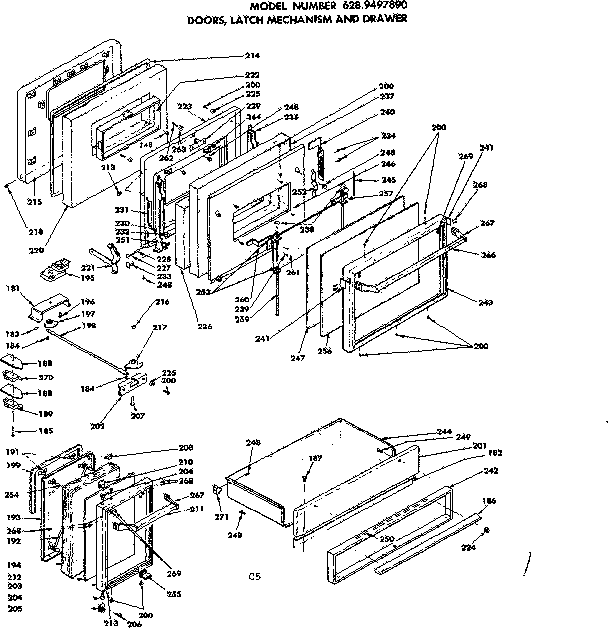 Door, latch mechanism and drawer