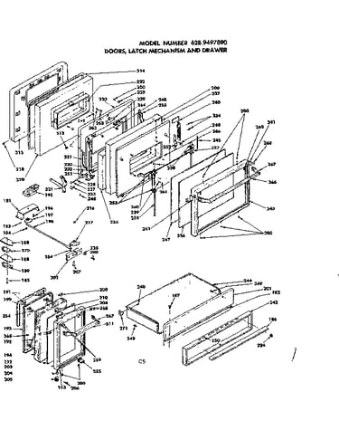 Door, latch mechanism and drawer