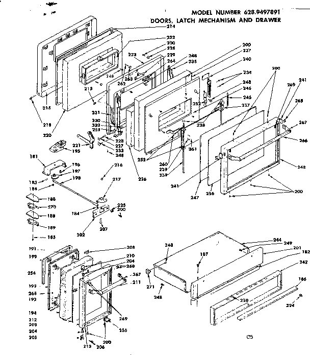 Doors, latch mechanism and drawer