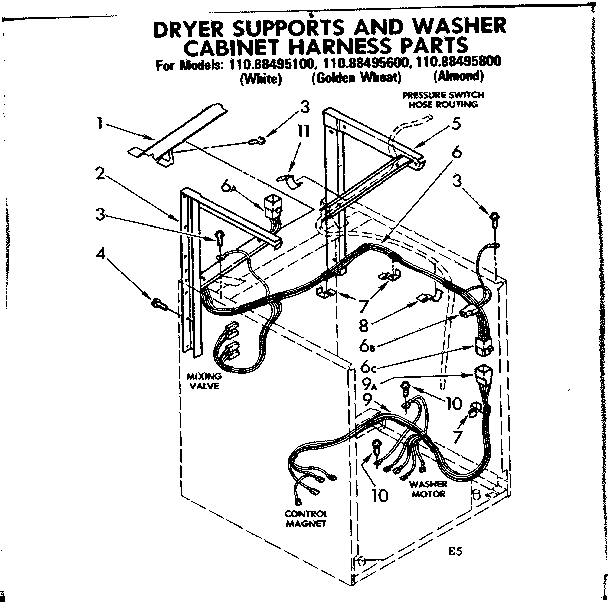 Dryer supports and washer cabinet harness parts