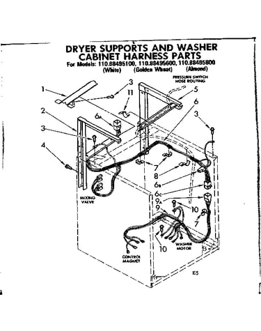 Dryer supports and washer cabinet harness parts