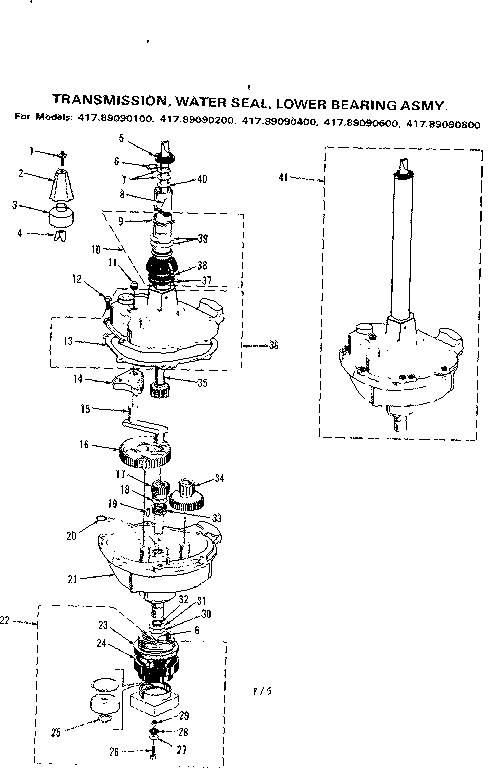 Transmission, water seal, lower bearing asm