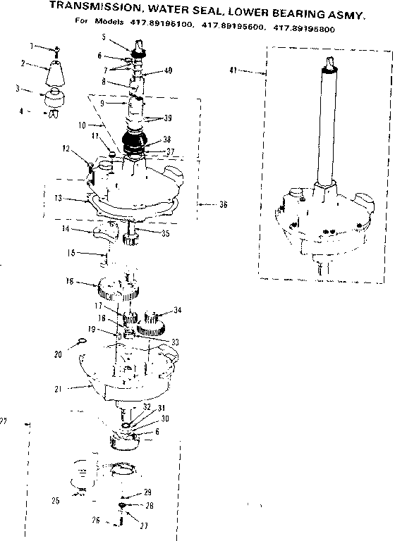 Transmission, water seal, lower bearing asm.