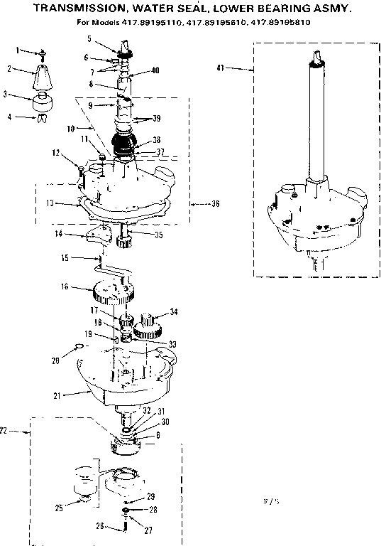 Transmission, water seal, lower bearing asm
