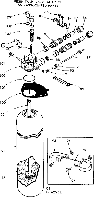 Resin tank, valve adaptor and associated parts