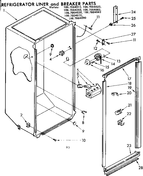 Refrigerator liner and breaker parts