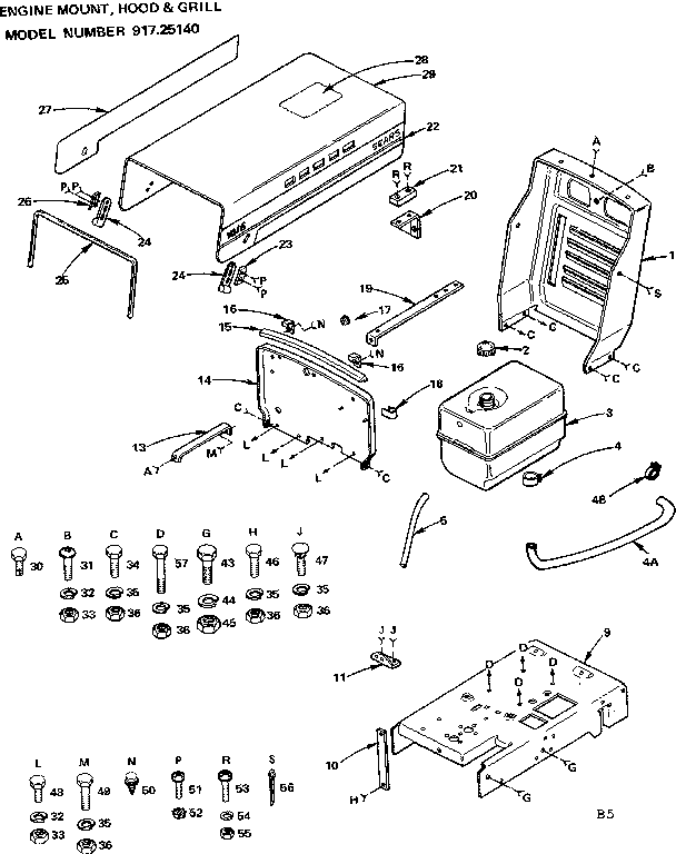 6 garden tractor/engine mount, hood & grill