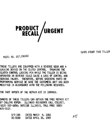 Product recall/urgent