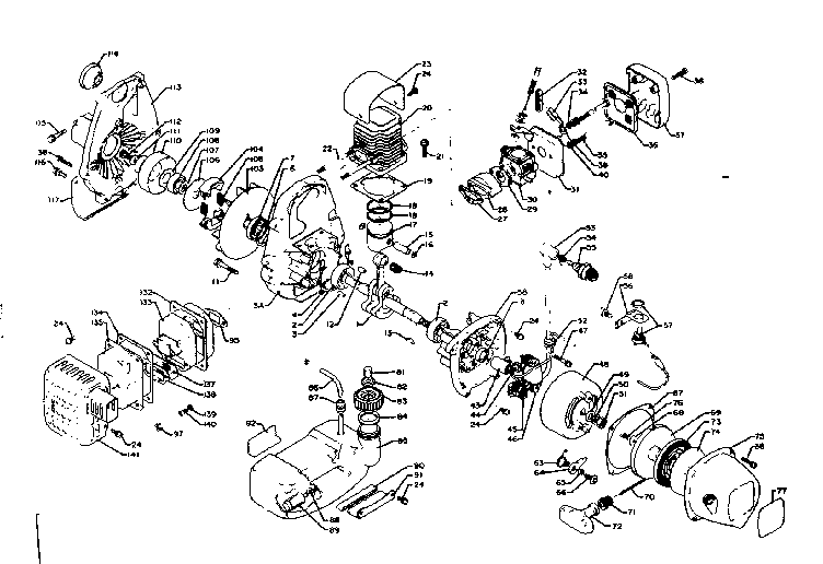 Power head, fuel tank, recoil starter and clutch
