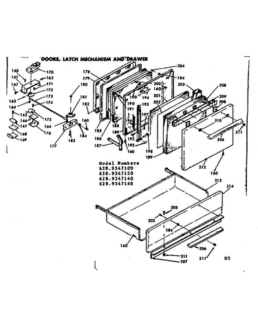 Doors, latch mechanism and drawer