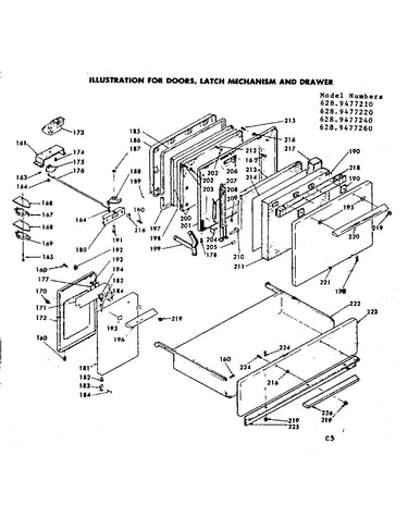 Doors, latch mechanism and drawer