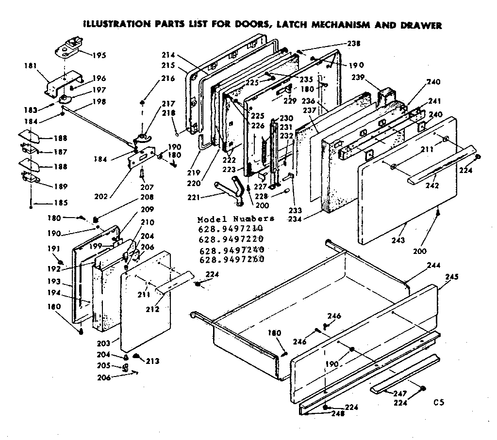 Doors, latch mechanism & drawer