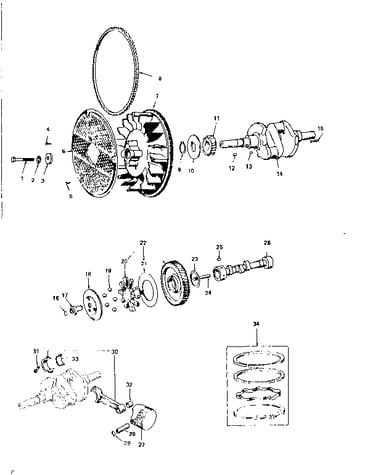 Crankshaft, flywheel, camshaft, piston and rod group