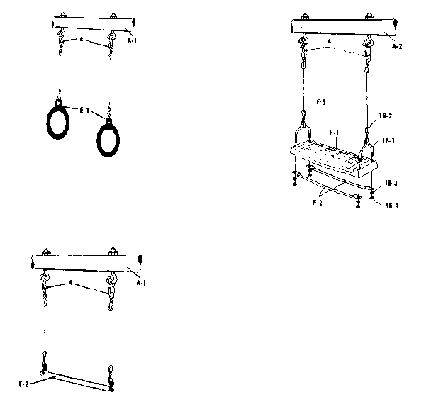 Swing, trapeze, and gym ring assemblies
