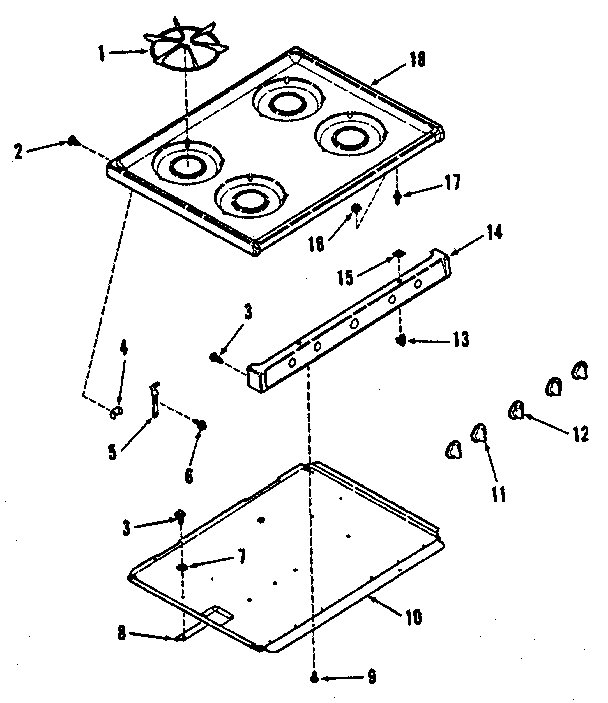 Illustration and parts list for main top section