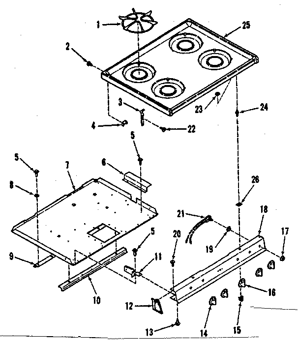 Illustration and parts list for main top section