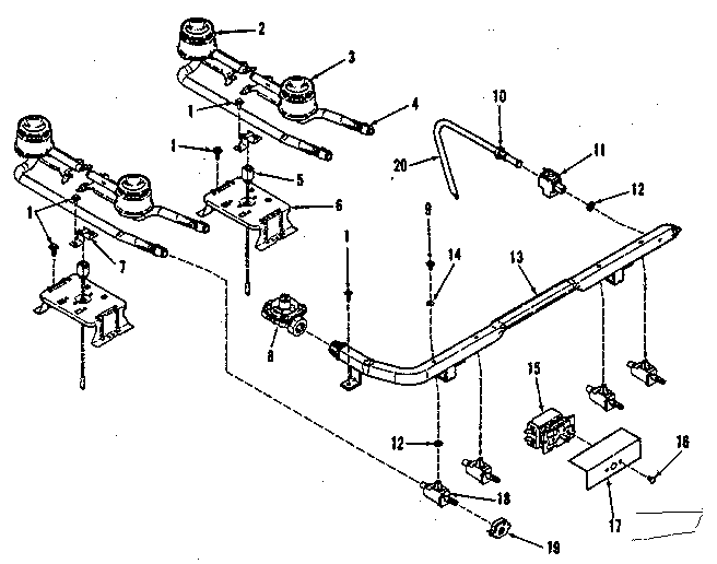 Illustration and parts list for top burner section