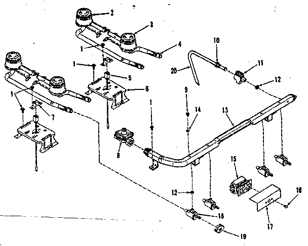 Illustration and parts list for top burner section