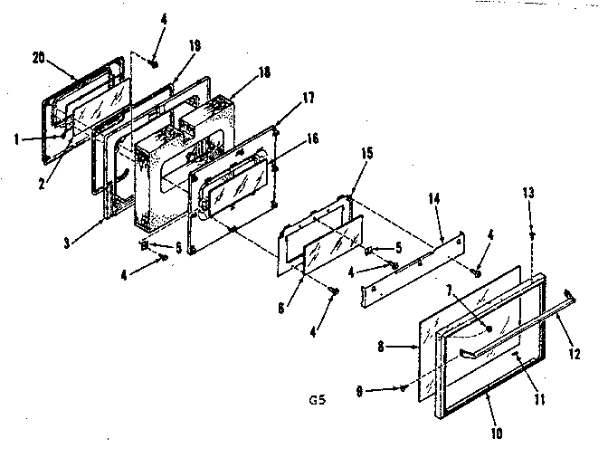 Illustration and parts list for oven door section