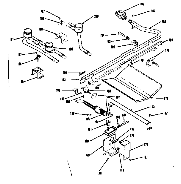 Oven burner and top burners section