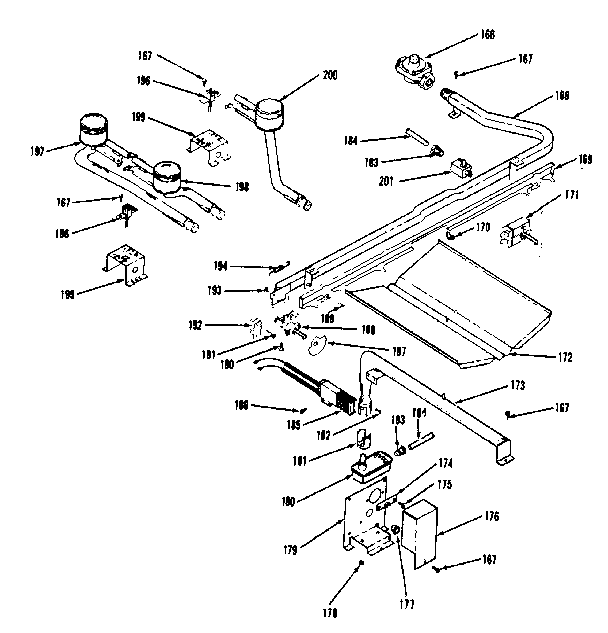 Oven burner and top burners section