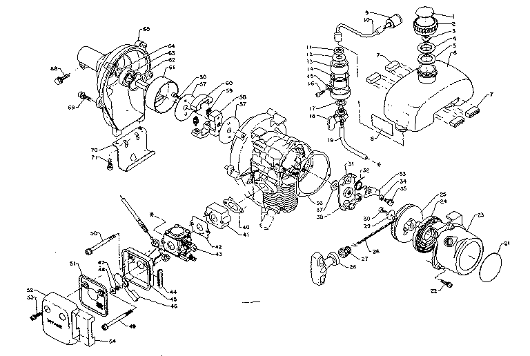 Fuel tank, recoil starter and clutch
