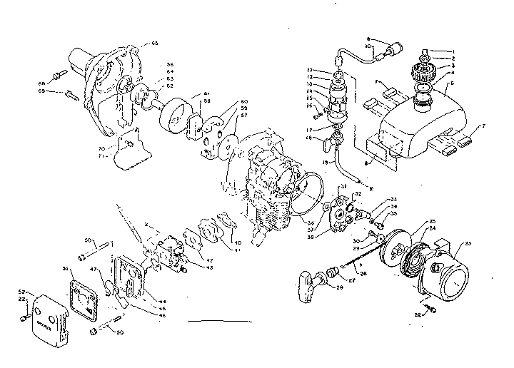 Fueltank, recoil starter and clutch