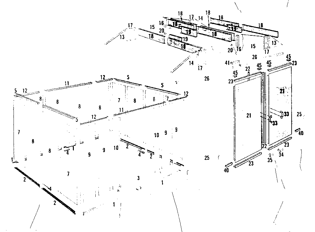 Floor frame & wall assembly, roof support & door assembly