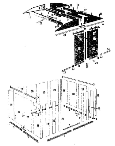 Roof support, floor frame, wall and door assemblies