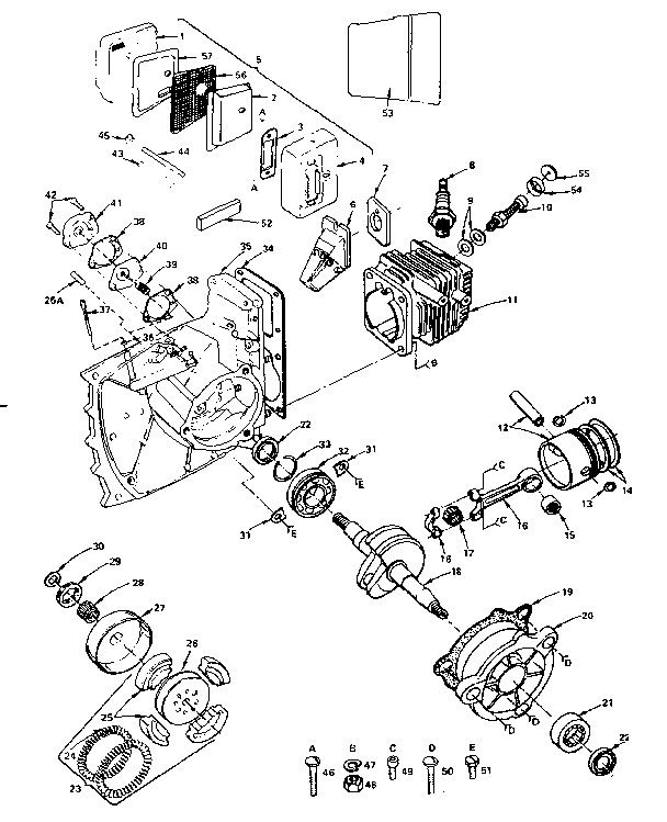 Engine, clutch and muffler