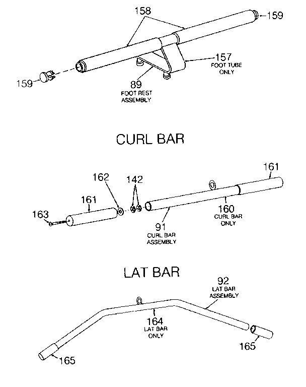 Foot rest, curl bar & lat bar