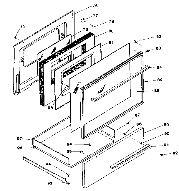 Oven door and storage drawer