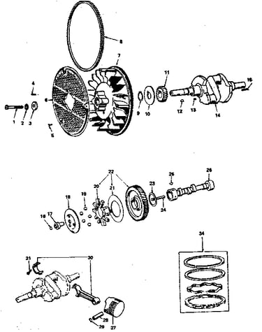 Crankshaft, flywheel, camshaft, piston and rod group