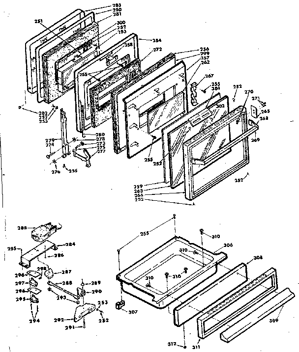 Door, latch mechanism and drawer assemblies