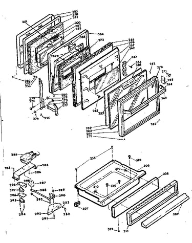 Door, latch mechanism and drawer assemblies