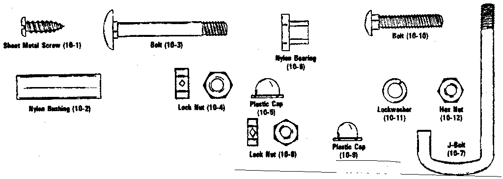 J-bolt, washers, and screws