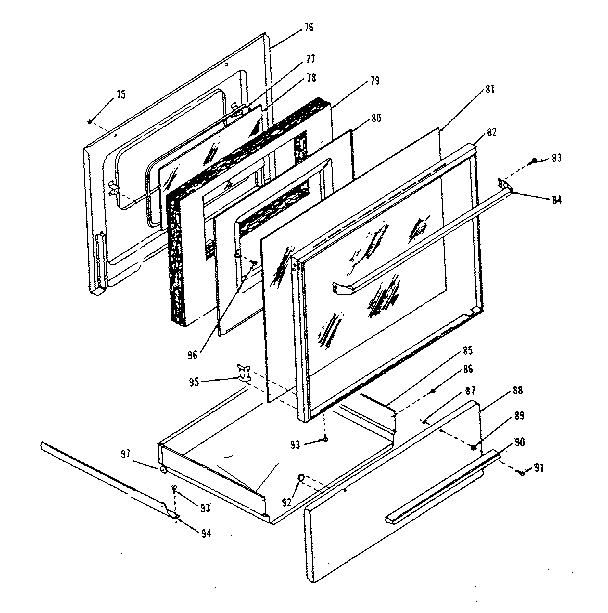 Oven door and storage drawer