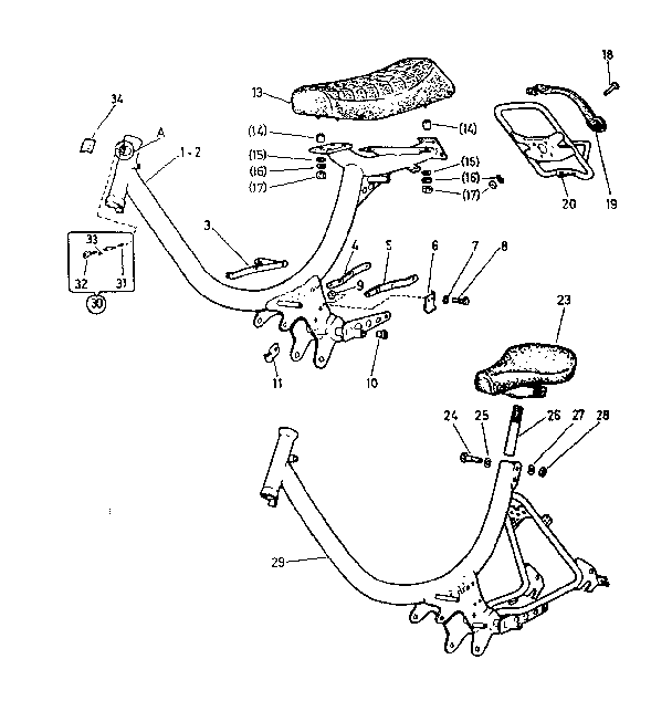 Frame, saddle, seat, luggage carrier