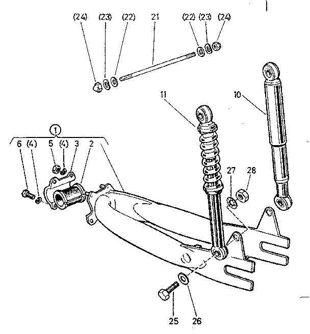 Rear wheel suspension (pivoted fork, suspension unit)
