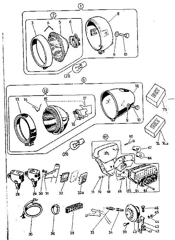 Headlamp, tail-, stop-light, rattle, harness