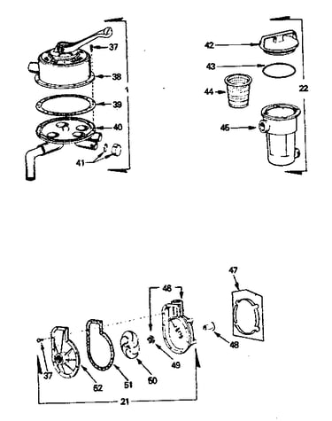 Backwash valve, pump, hair and lint pot assembly