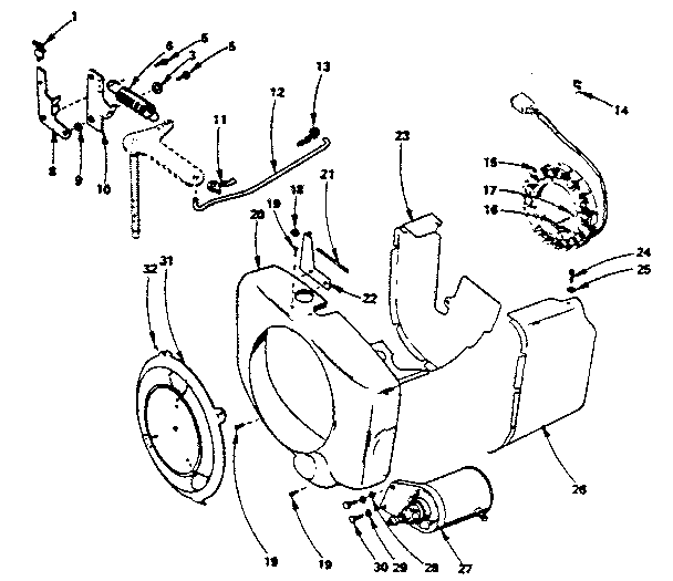 Governor, starter charging alternator and blower housing